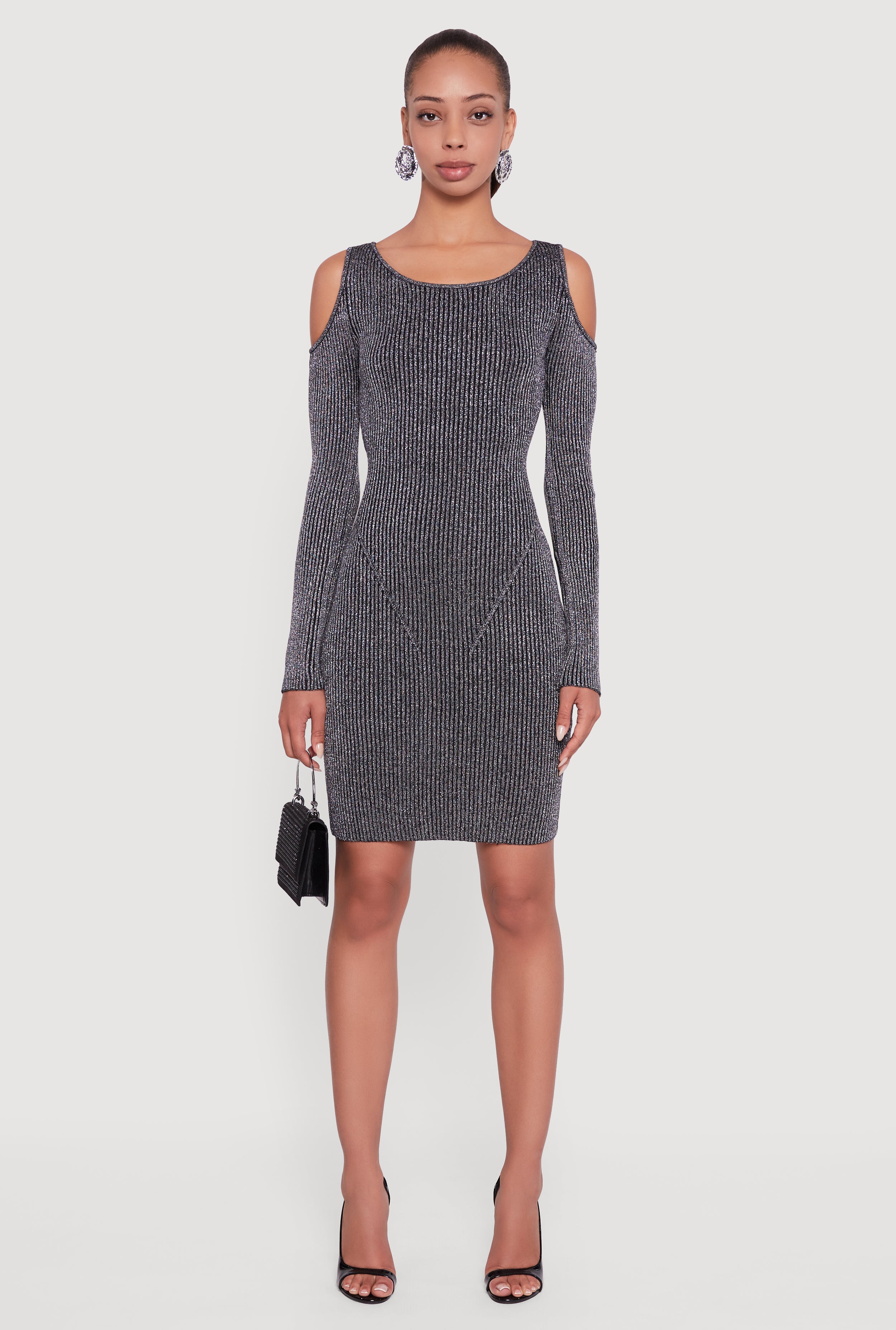 Lurex Rib Knit Cold Shoulder Dress