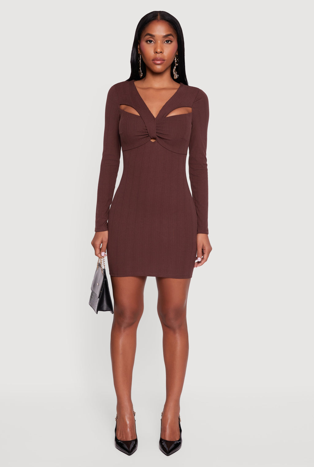 Ribbed Knit Padded Cup Twist Front Dress