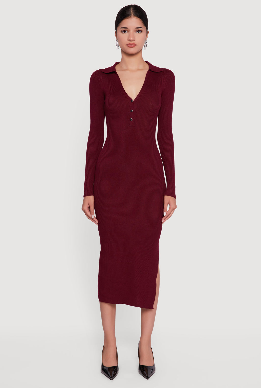 Ribbed Knit Midi Sweater Dress with Side Slit