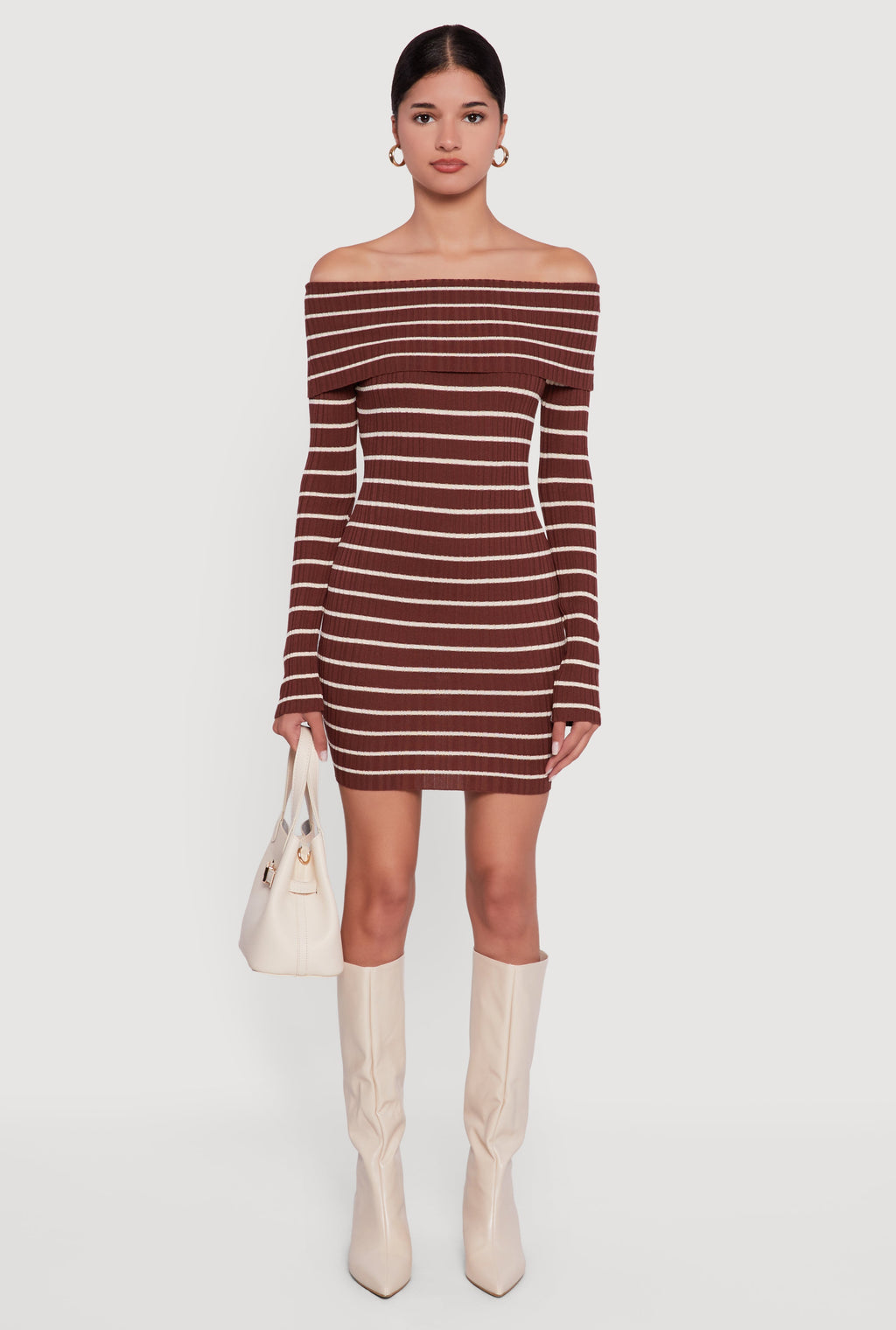 Striped Fold Over Off the Shoulder Bodycon Dress