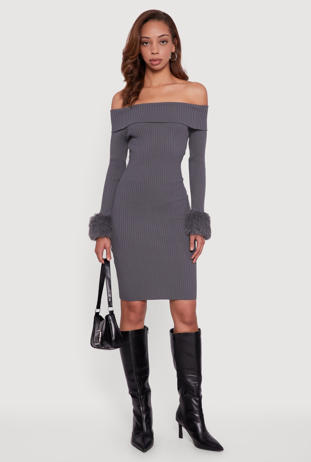 Faux Fur Cuff Fold Over Off the Shoulder Sweater Dress