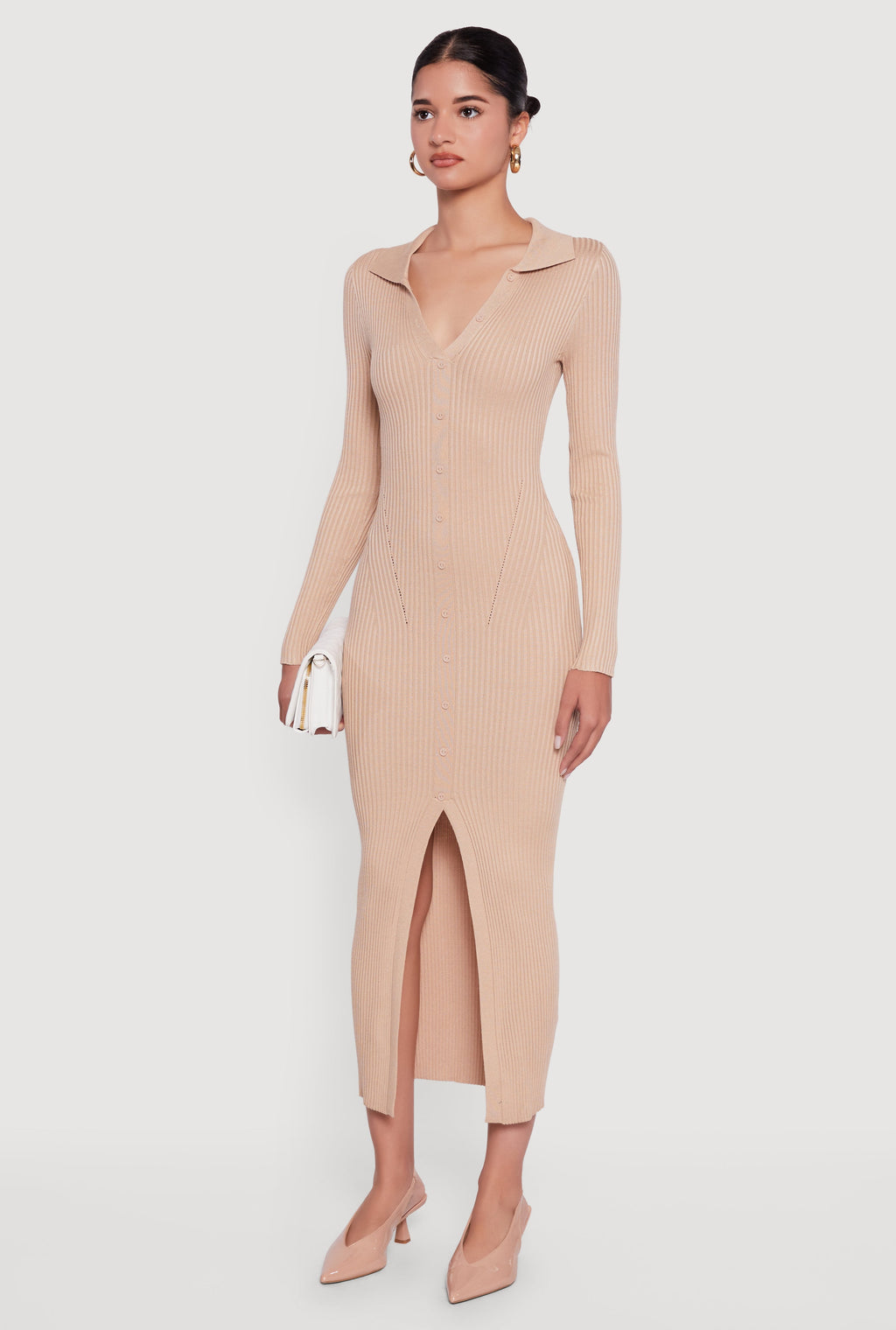Rib Knit Button Detail Long Sleeve Slit Front Dress