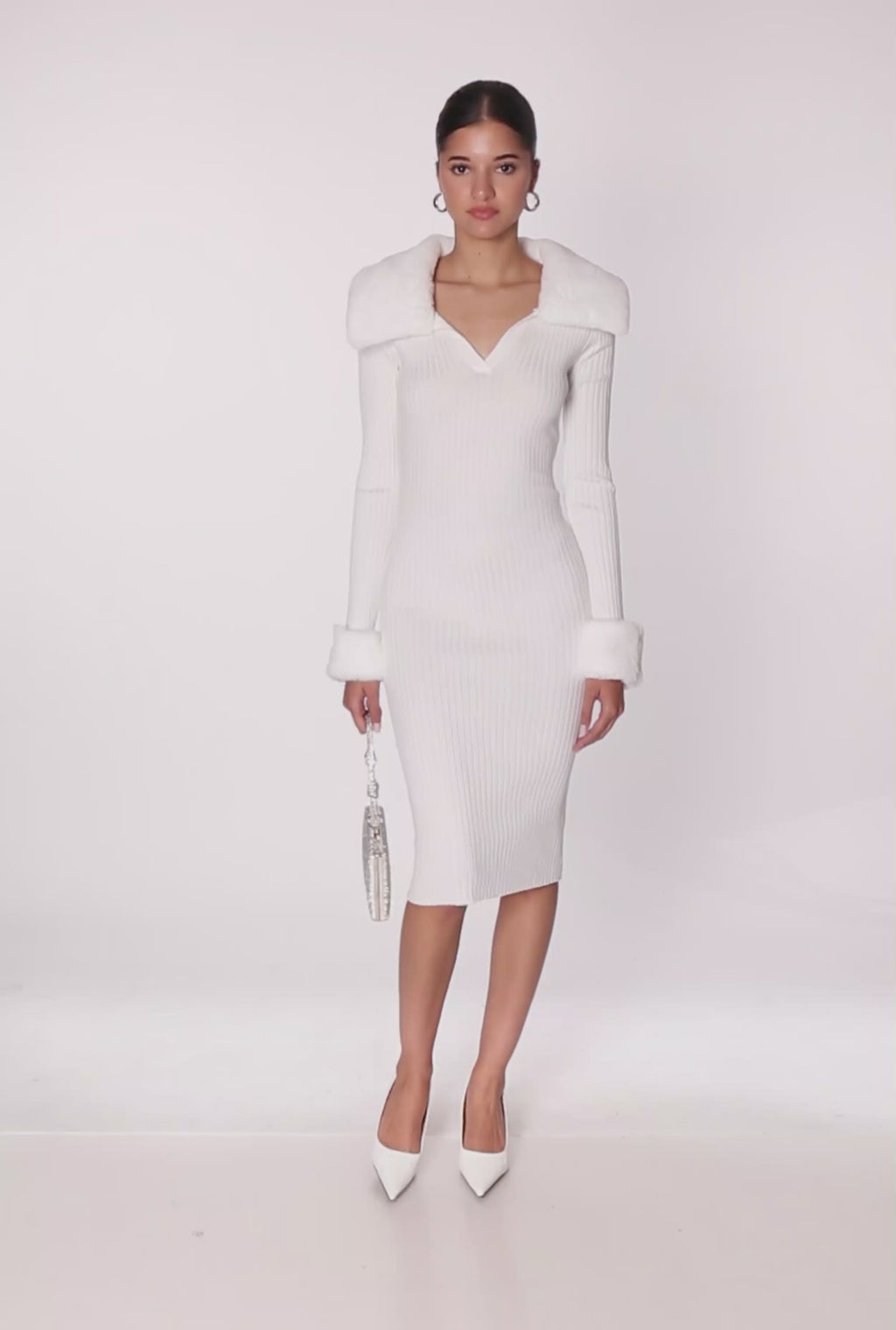 Midi Sweater Dress with Removable Faux Fur Collar and Cuffs